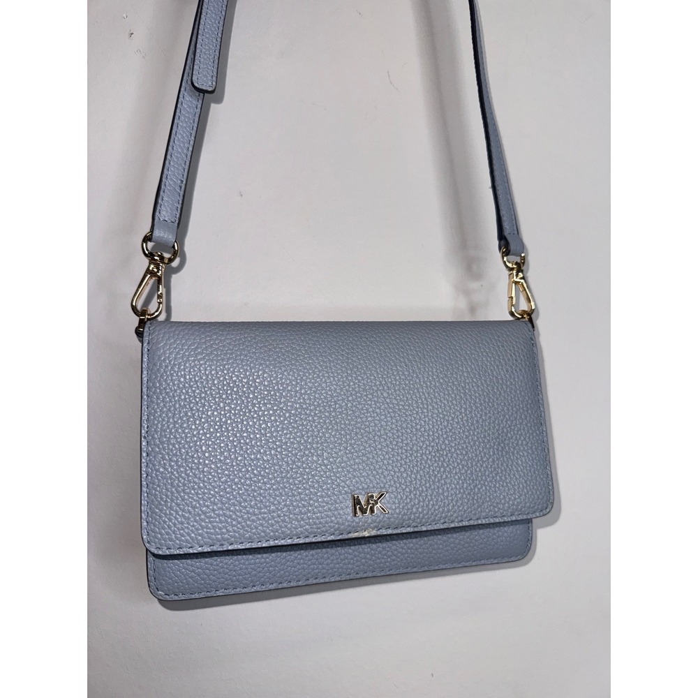 Michael Kors Jet Set Travel Crossbody Wallet Bag Pale Blue Pebbled Leather Gold - Picture 7 of 10